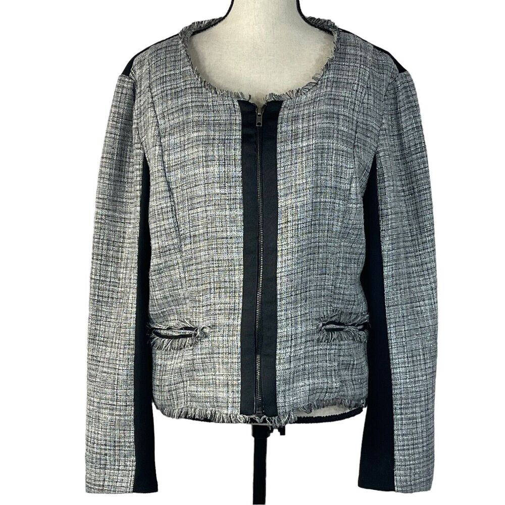 Elle X-Large Zip Blazer Jacket Zip Front Long Sleeve Lined Pockets Fringe Edges
